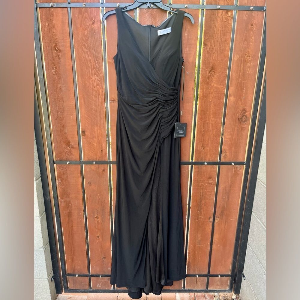 Mac Duggal High Slit Faux Wrap Dress Sleeveless Ruched V-neck Black size 6 NWT - Picture 4 of 8
